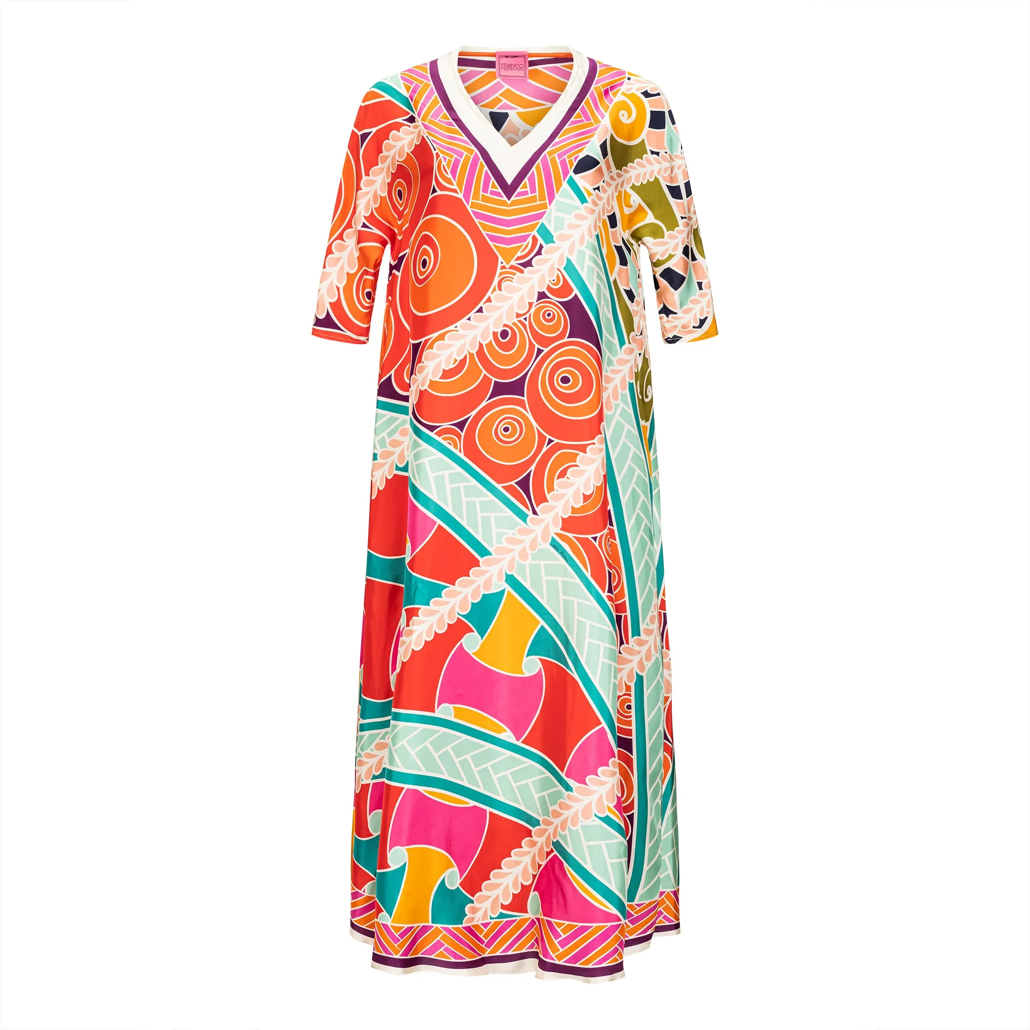 Colorful Printed Silk V-Neck Dress