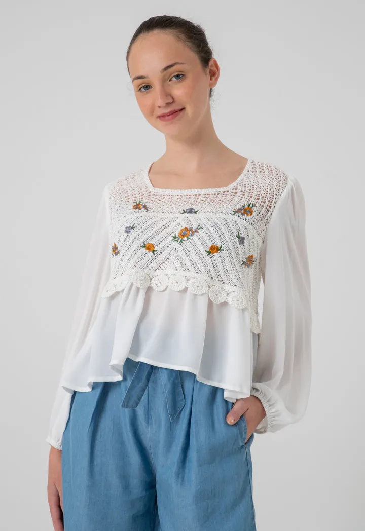 Crochet Embroidery Chiffon Long Sleeves Blouse