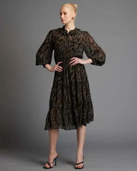 Dreaming Frill Neck Tiered Dress - Khaki Animal