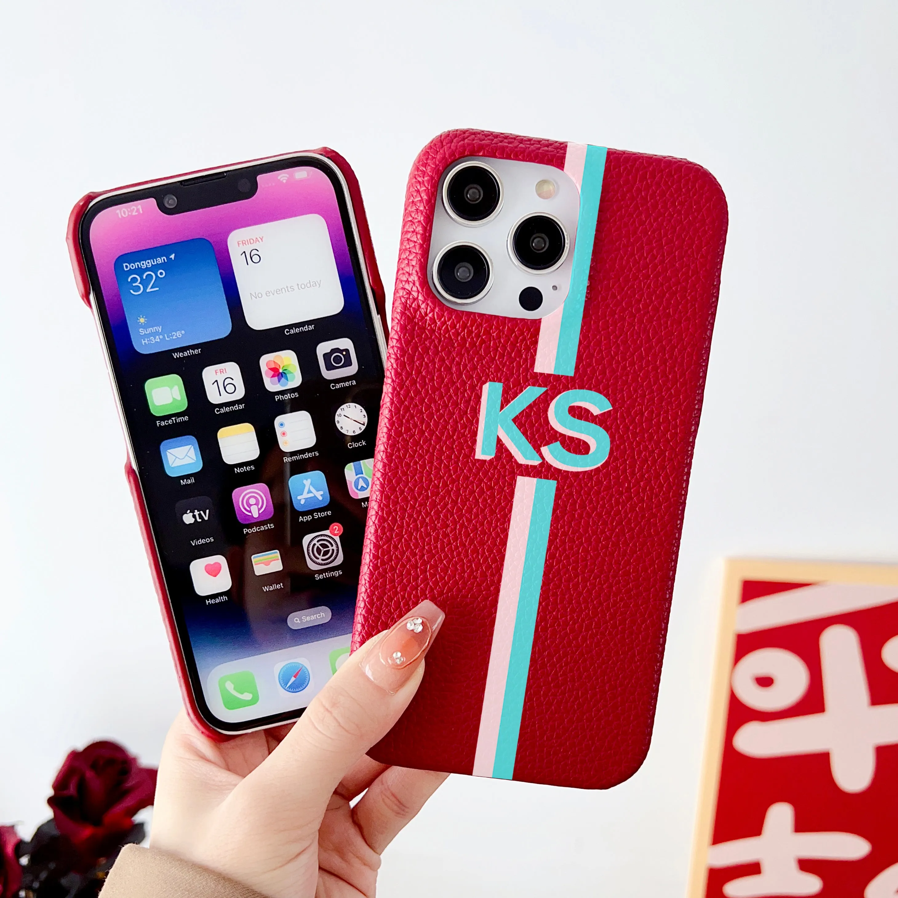Grain Leather Customised iPhone Case ( Red )