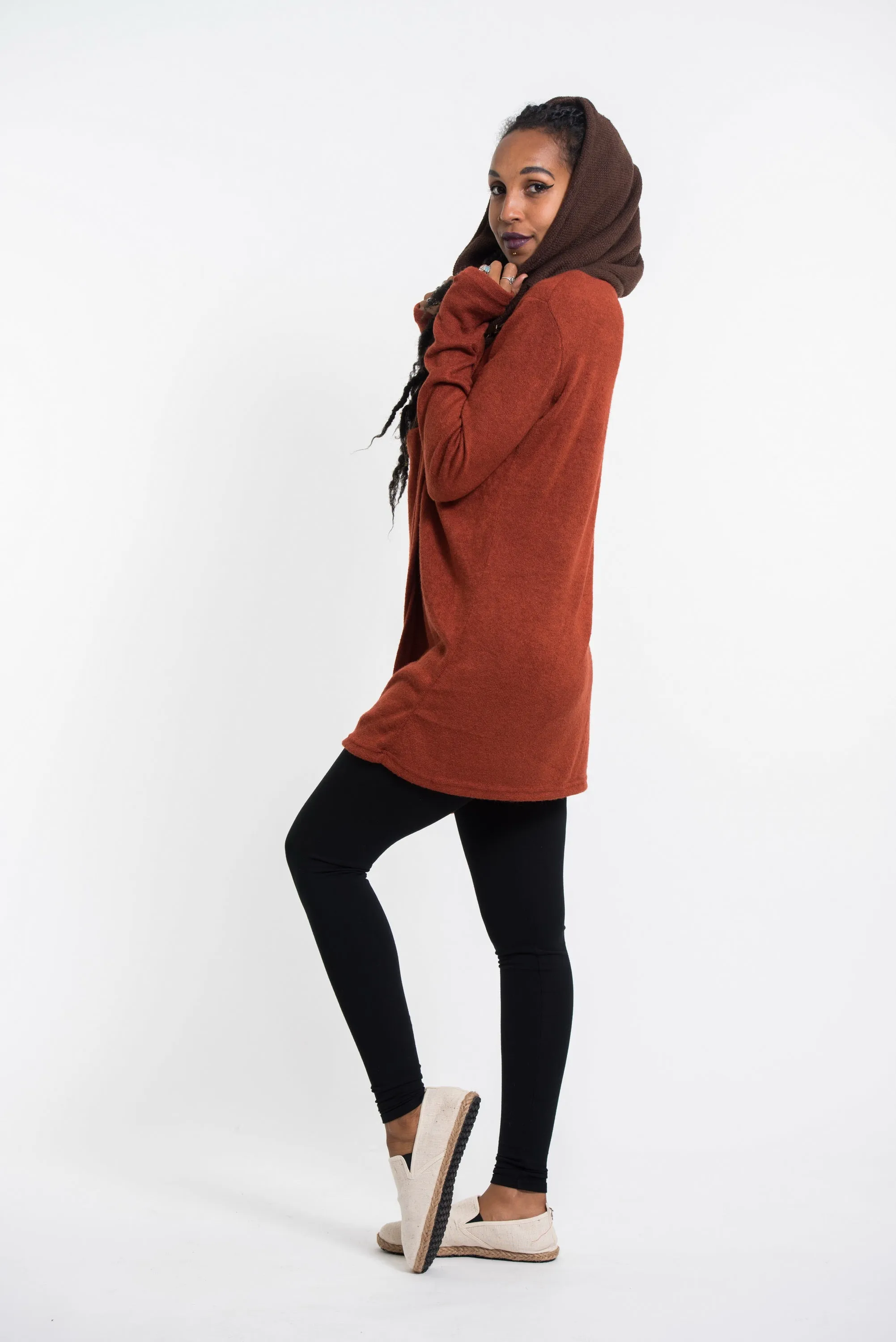Hoodie Shawl Jacket with Metal Clasp in Brick