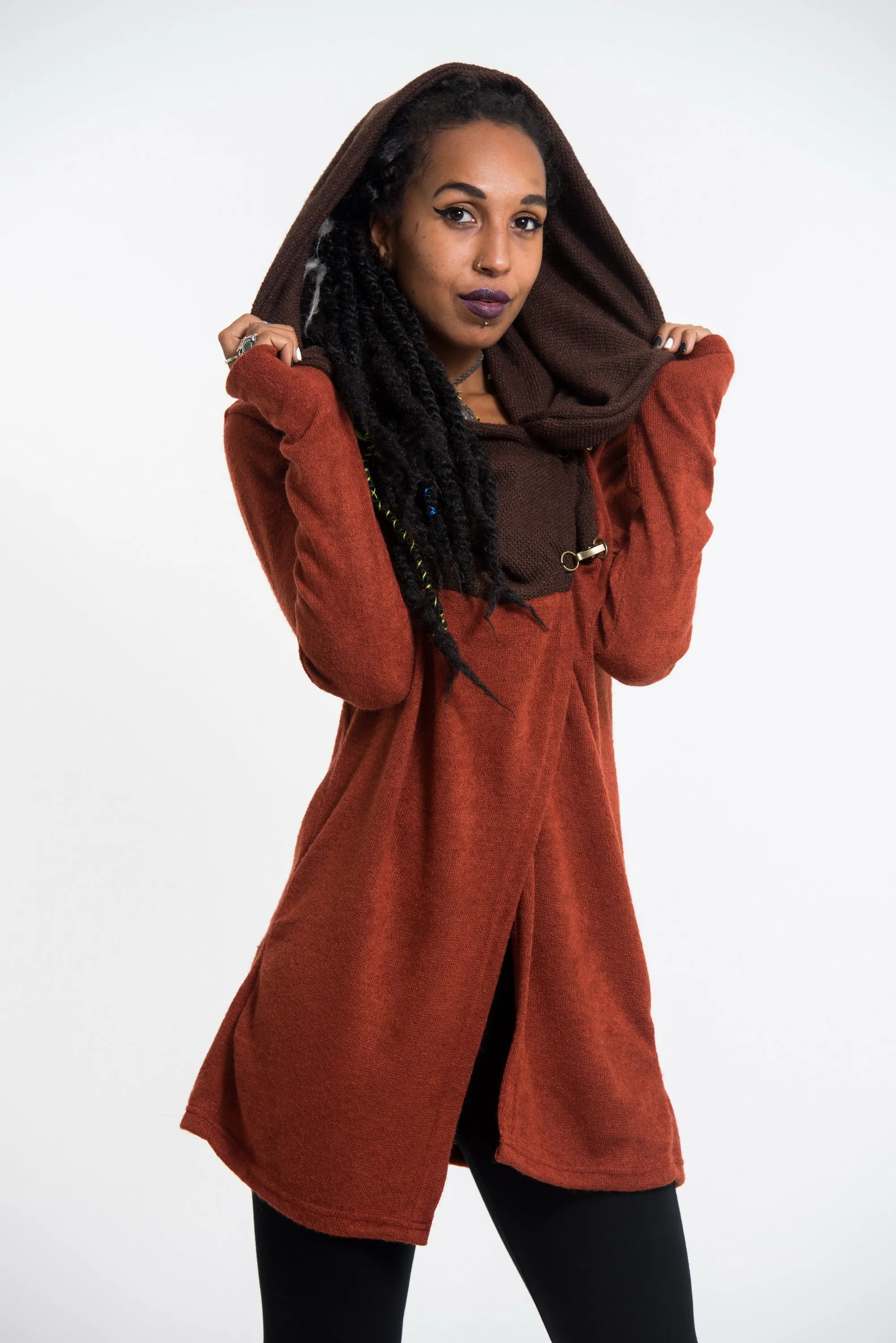 Hoodie Shawl Jacket with Metal Clasp in Brick