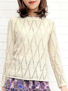 Ivory White Ruffle Collared Openwork Wool Blend Knitted Top