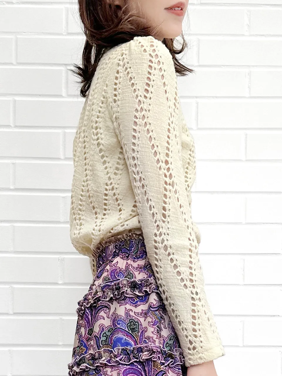 Ivory White Ruffle Collared Openwork Wool Blend Knitted Top