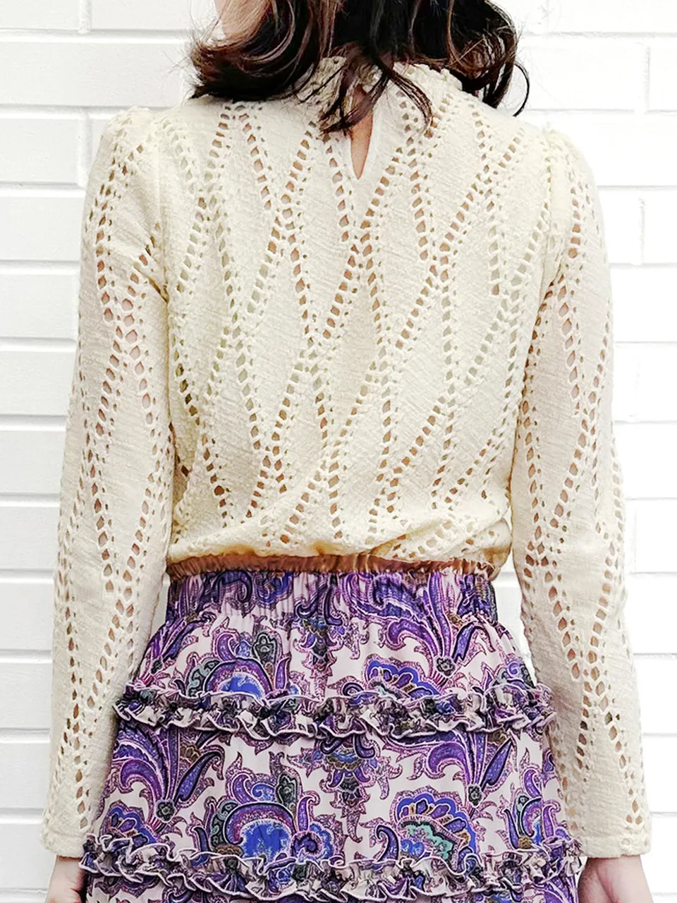 Ivory White Ruffle Collared Openwork Wool Blend Knitted Top