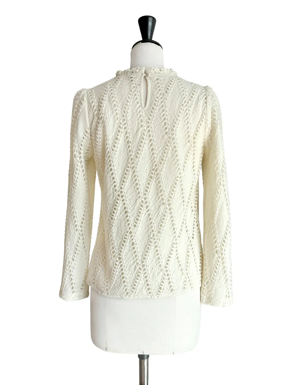 Ivory White Ruffle Collared Openwork Wool Blend Knitted Top