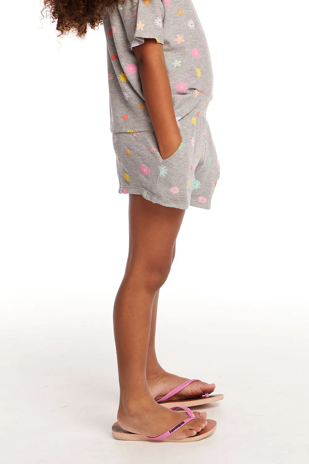Jade Embroidered Flowers Waffle Knit Girls Short