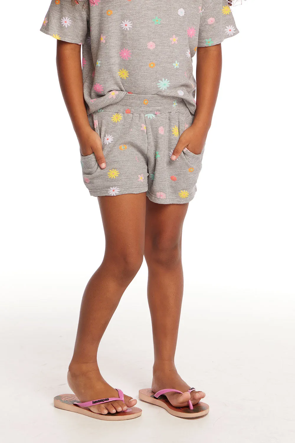 Jade Embroidered Flowers Waffle Knit Girls Short