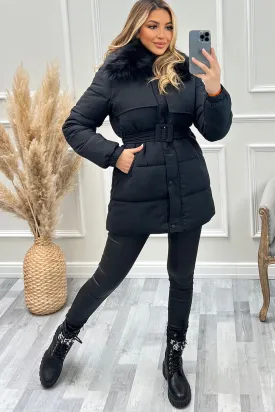 Kirstie Black Faux Fur Belted Longline Puffer Coat