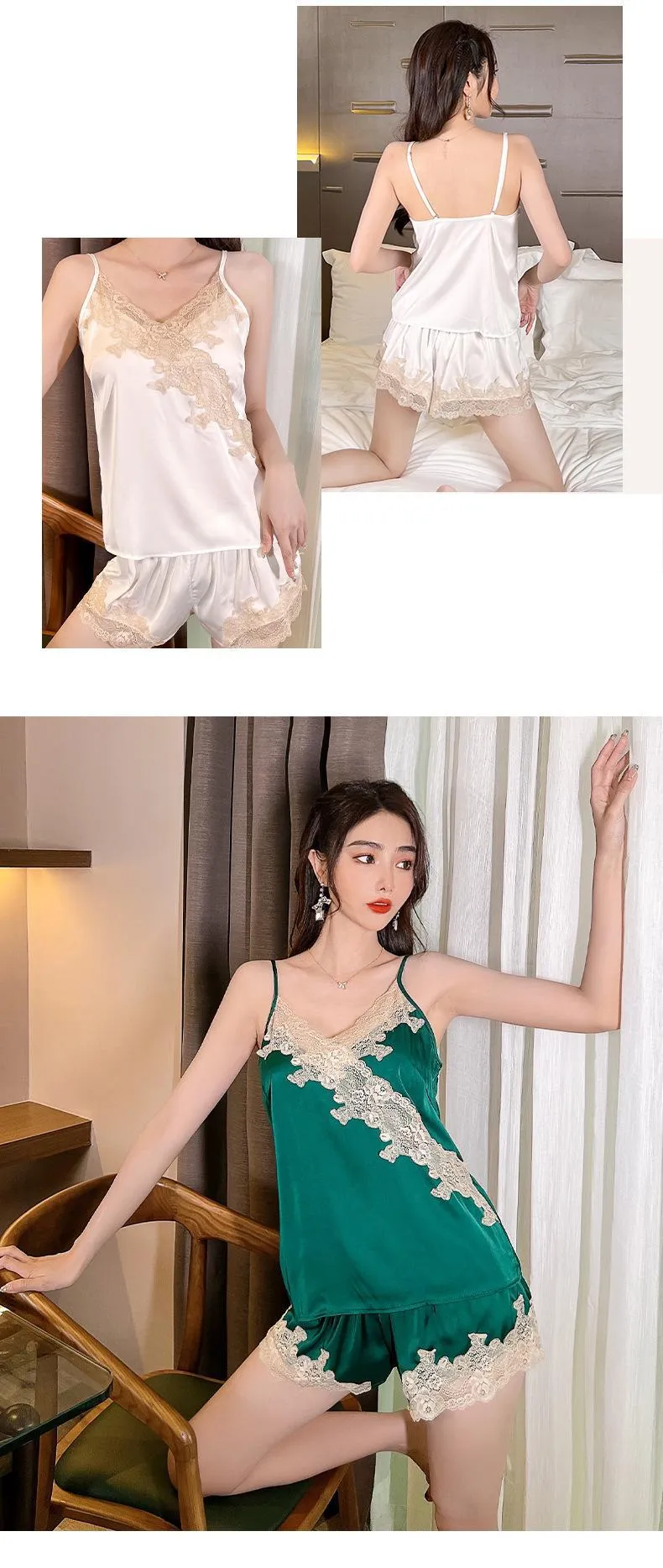 Lace Pajamas Suit Women Satin Strap Cami Top and Pants Sleepwear Set 2pcs Homewear Nightwear