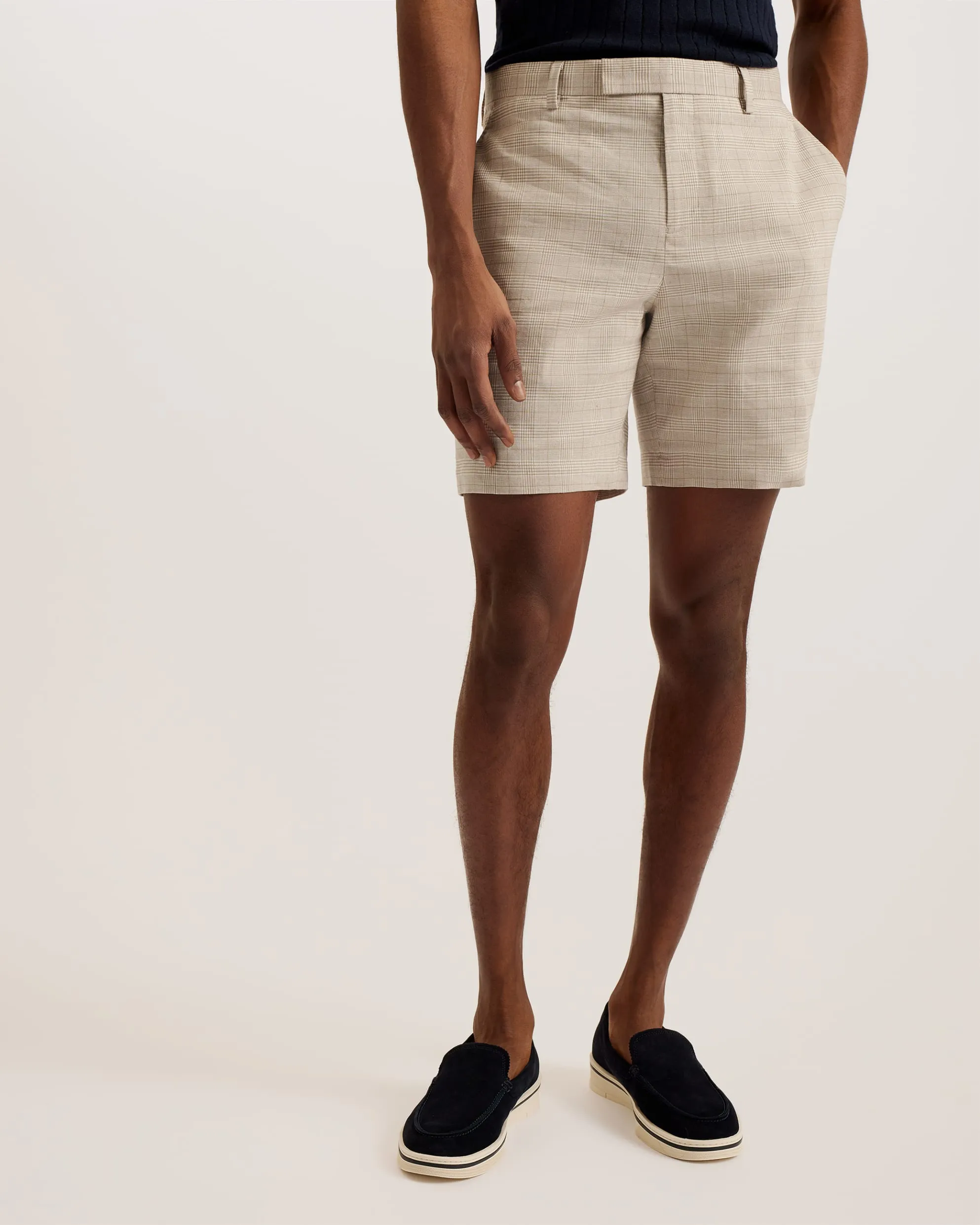 Lambath Slim Fit Check Linen Blend Shorts Taupe