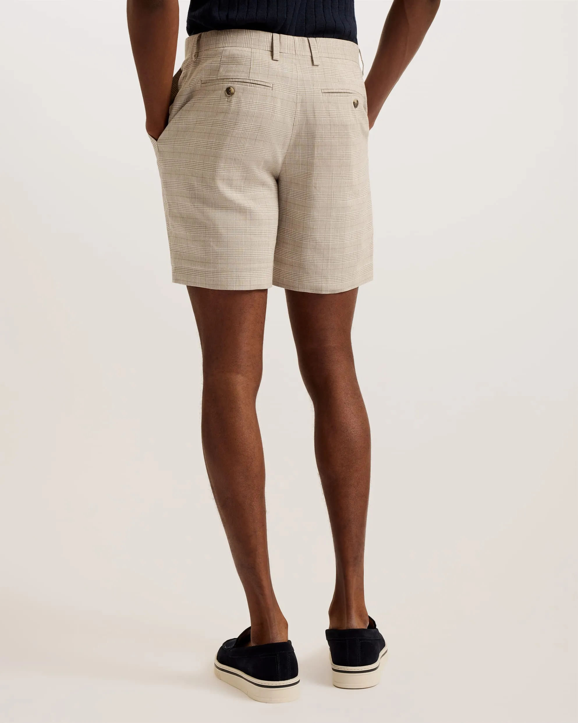 Lambath Slim Fit Check Linen Blend Shorts Taupe