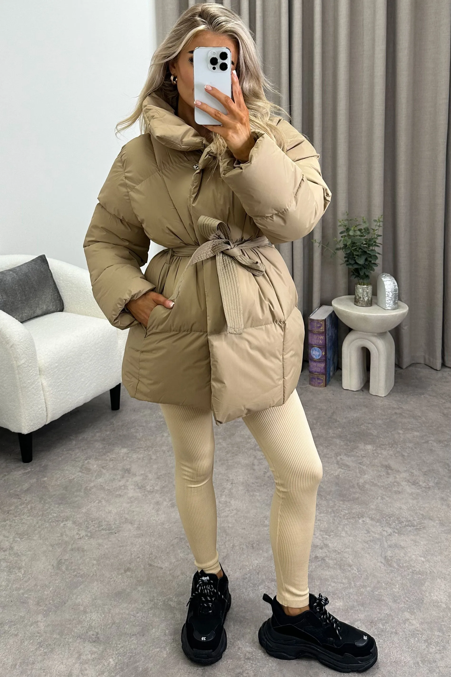 Lana Beige Belted Padded Duvet Coat