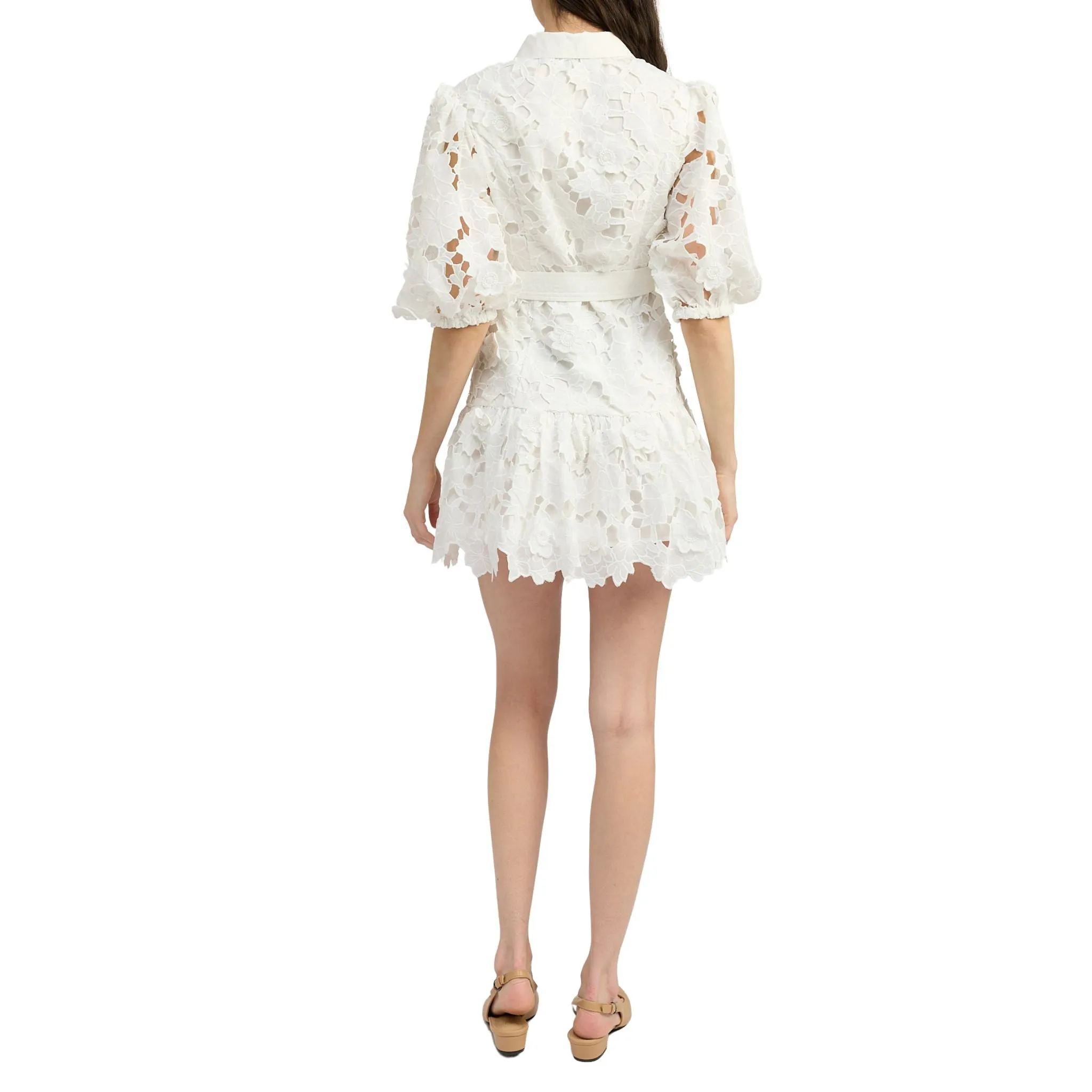 Laser Cut 3d Floral Collared Shirt Mini Dress