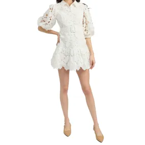 Laser Cut 3d Floral Collared Shirt Mini Dress