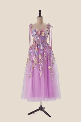 Lavender Floral Embroidered Corset Midi Dress
