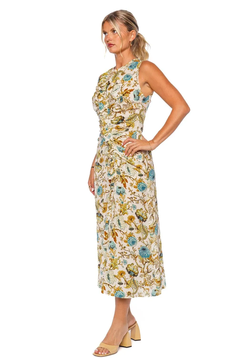Elegant Lorna Flora Ruched Silk Midi Dress for Women - Chic Floral Design and Flattering Fit