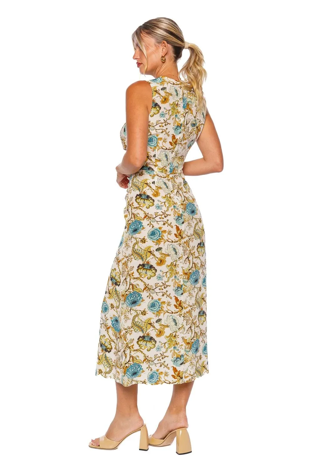 Elegant Lorna Flora Ruched Silk Midi Dress for Women - Chic Floral Design and Flattering Fit