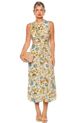 Elegant Lorna Flora Ruched Silk Midi Dress for Women - Chic Floral Design and Flattering Fit