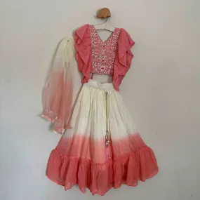 Lovely Peach and Half White Crop Top and Skirt with Sequence Work