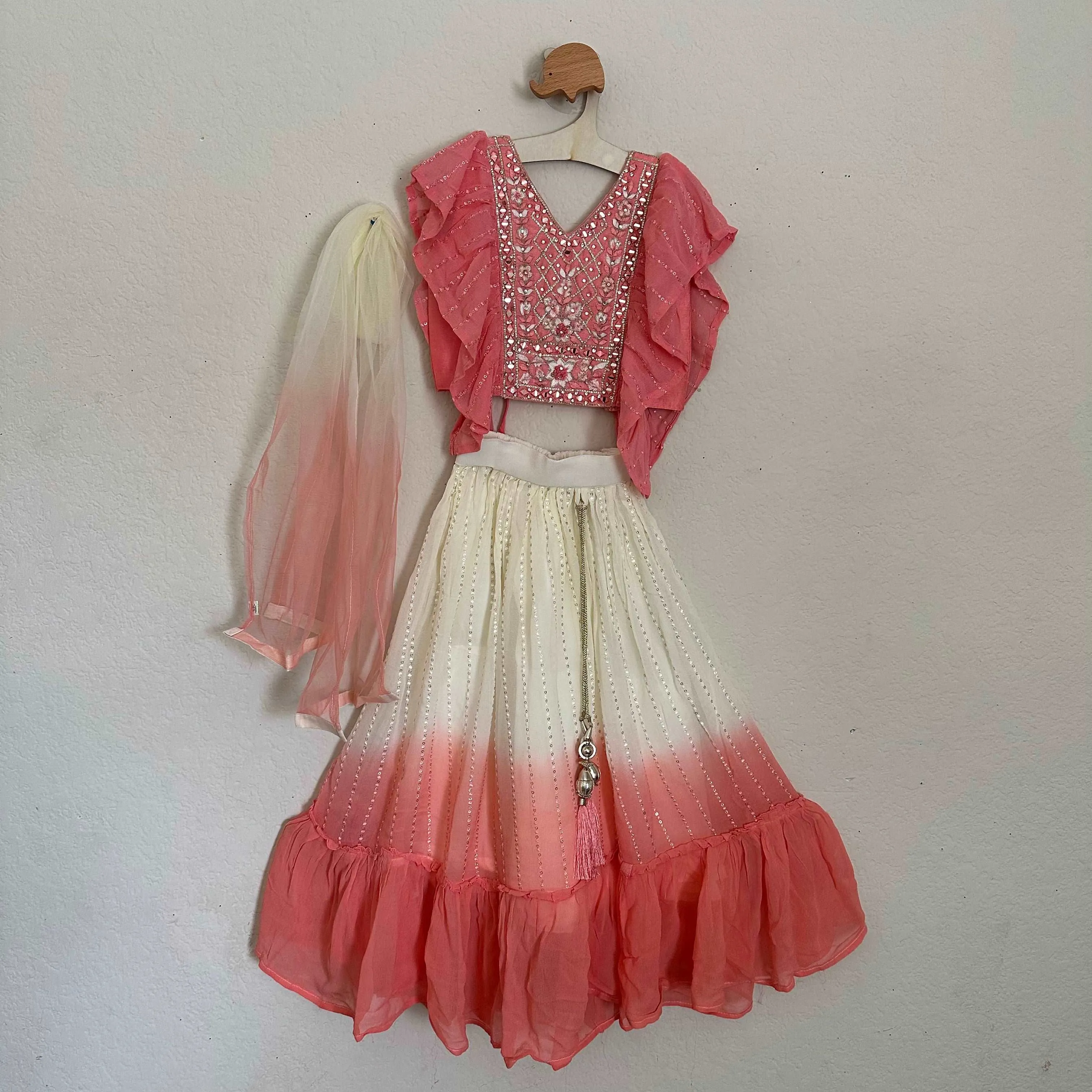 Lovely Peach and Half White Crop Top and Skirt with Sequence Work