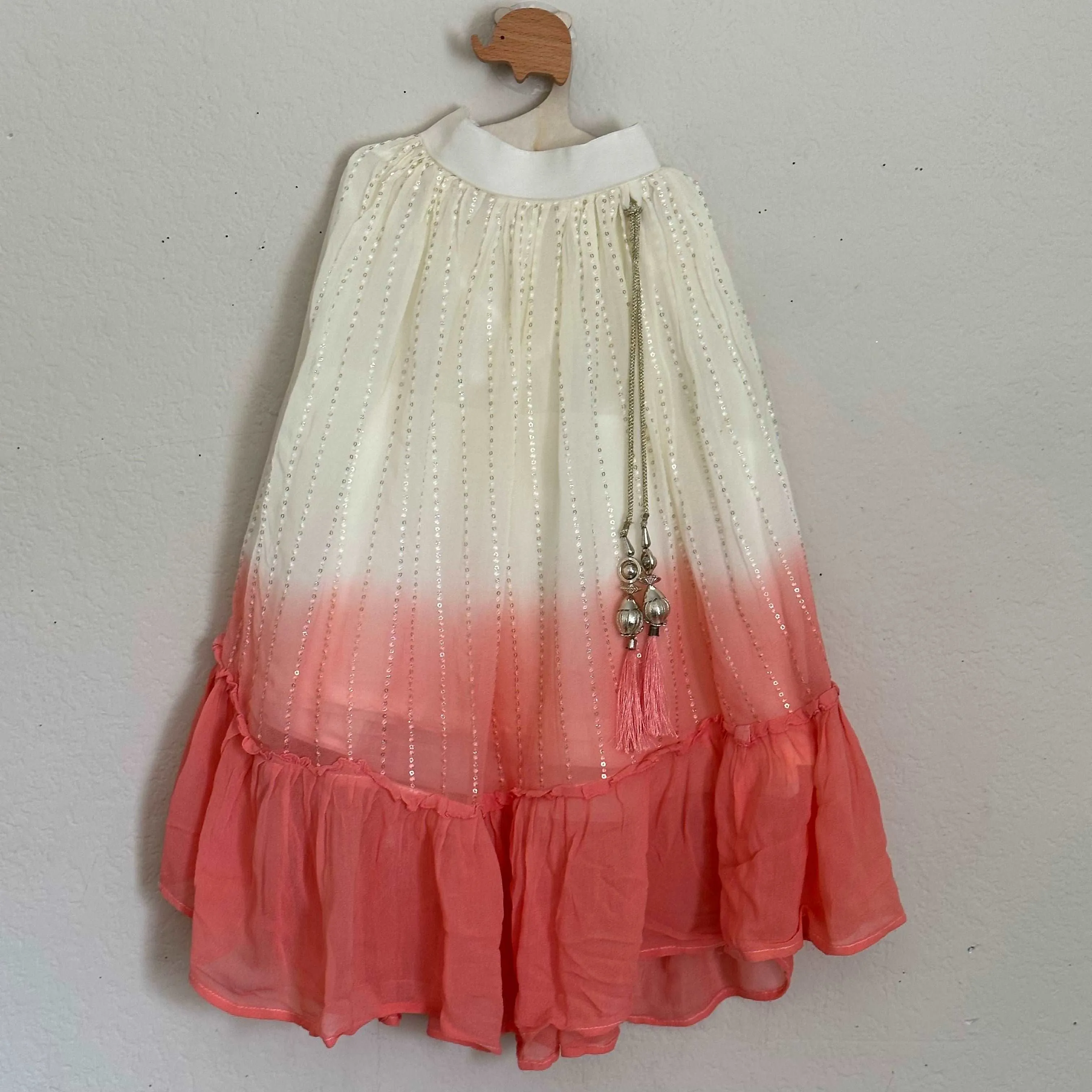 Lovely Peach and Half White Crop Top and Skirt with Sequence Work