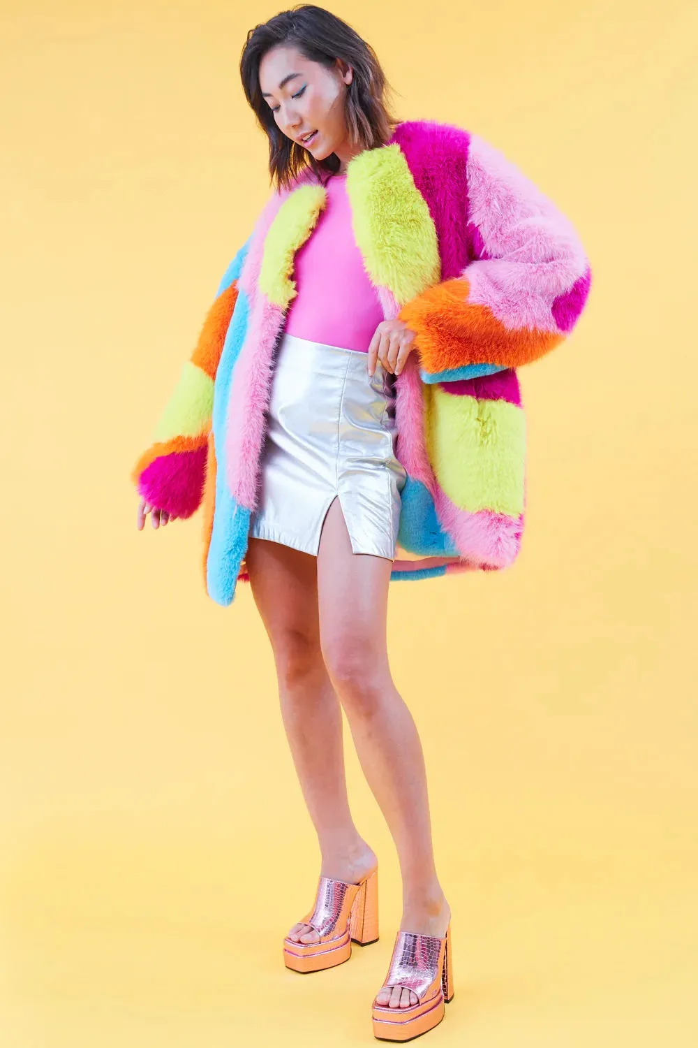 Multi-Coloured Rainbow Faux Fur Coat