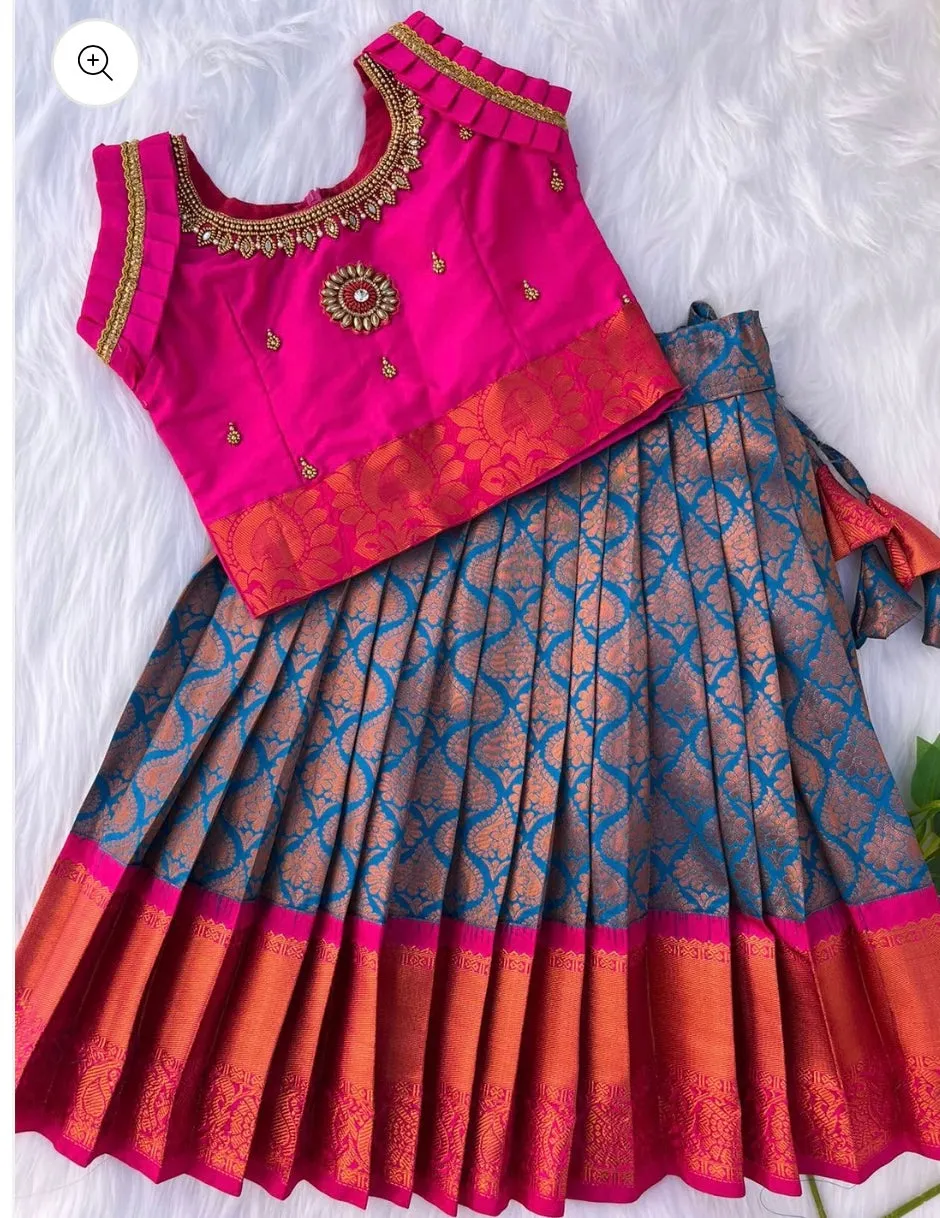 PRE ORDER - Blue and Pink Semi-Silk Lehenga with Aari