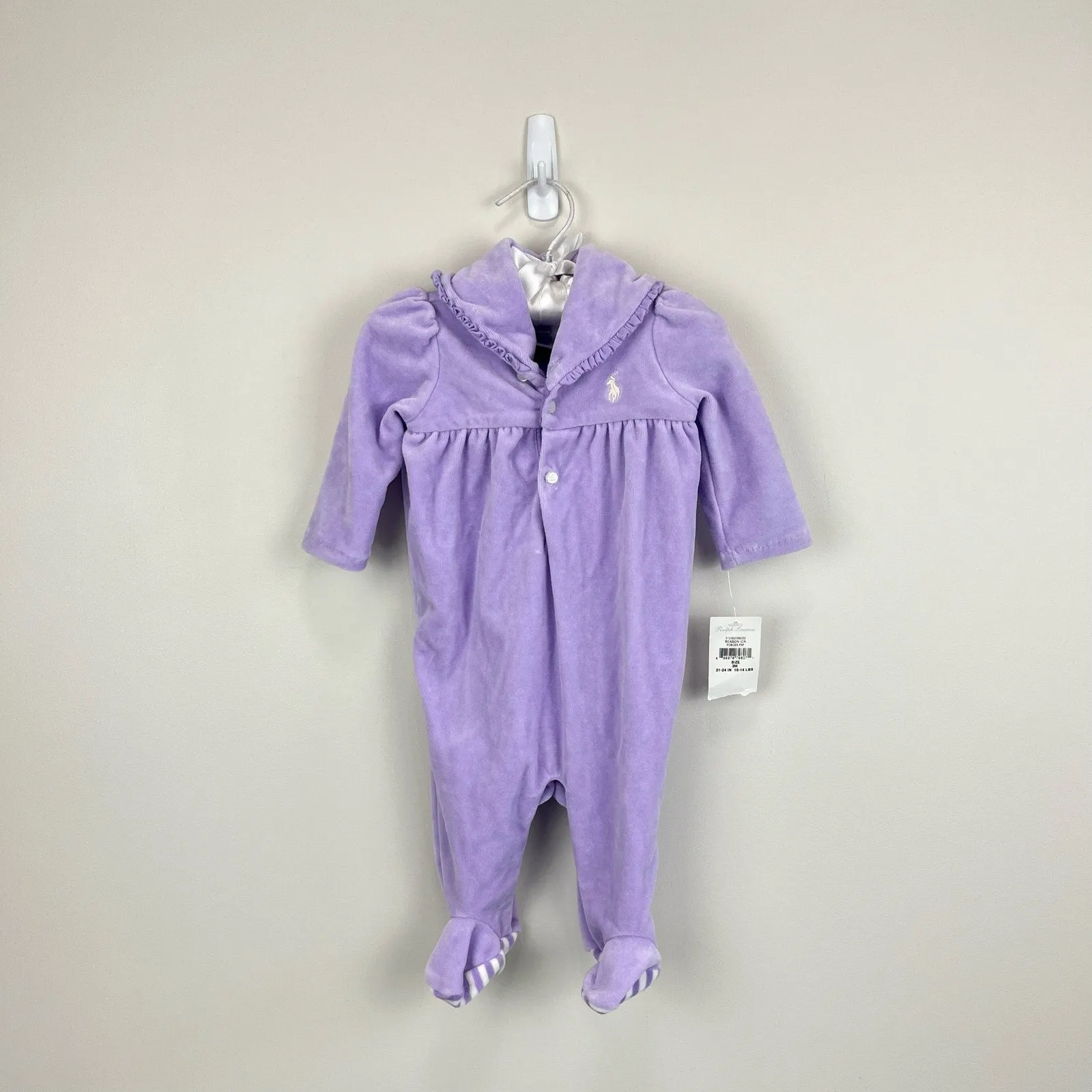 Ralph Lauren Velour Ruffle Shawl-Collar Footed Coverall 3 Months NWT