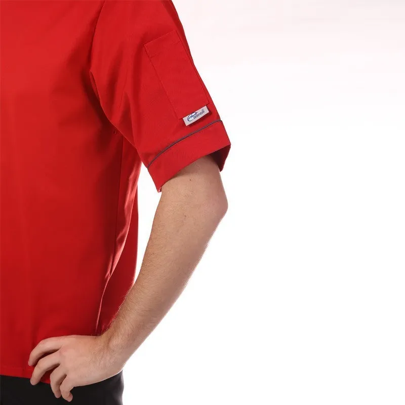 Stylish Red Kitchen Coat with Short or Long Sleeves and Gray Piping - MANELLI