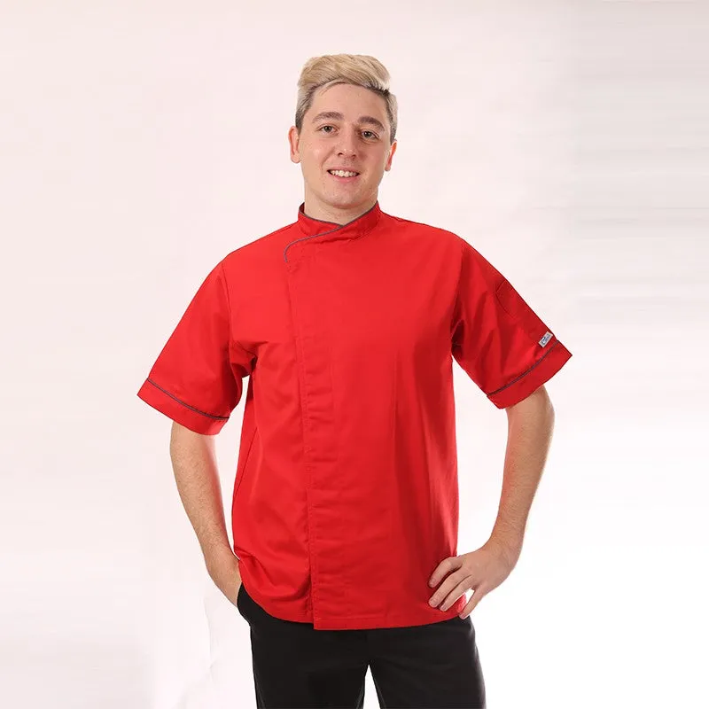 Stylish Red Kitchen Coat with Short or Long Sleeves and Gray Piping - MANELLI