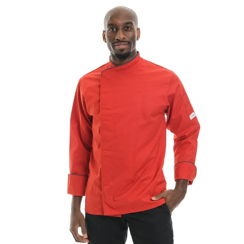 Stylish Red Kitchen Coat with Short or Long Sleeves and Gray Piping - MANELLI