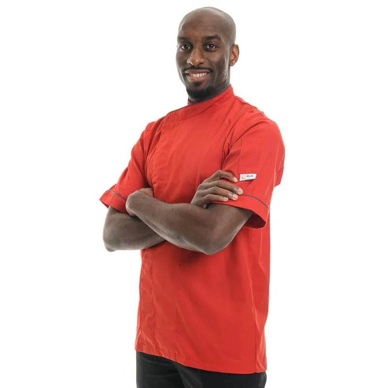 Stylish Red Kitchen Coat with Short or Long Sleeves and Gray Piping - MANELLI