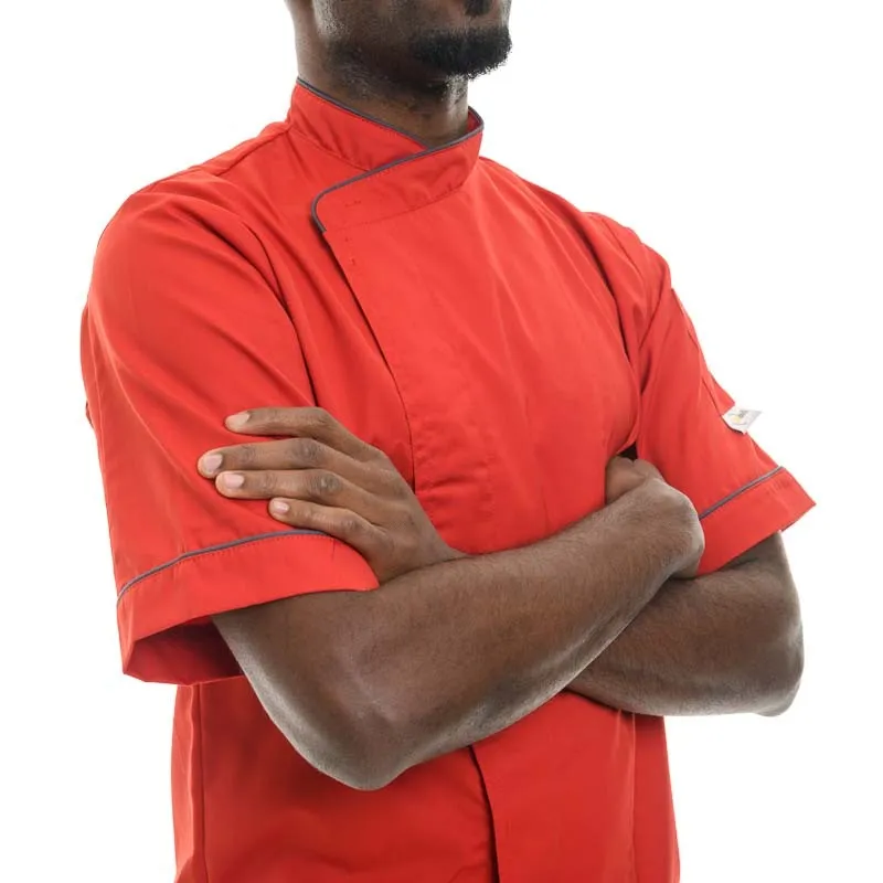 Stylish Red Kitchen Coat with Short or Long Sleeves and Gray Piping - MANELLI