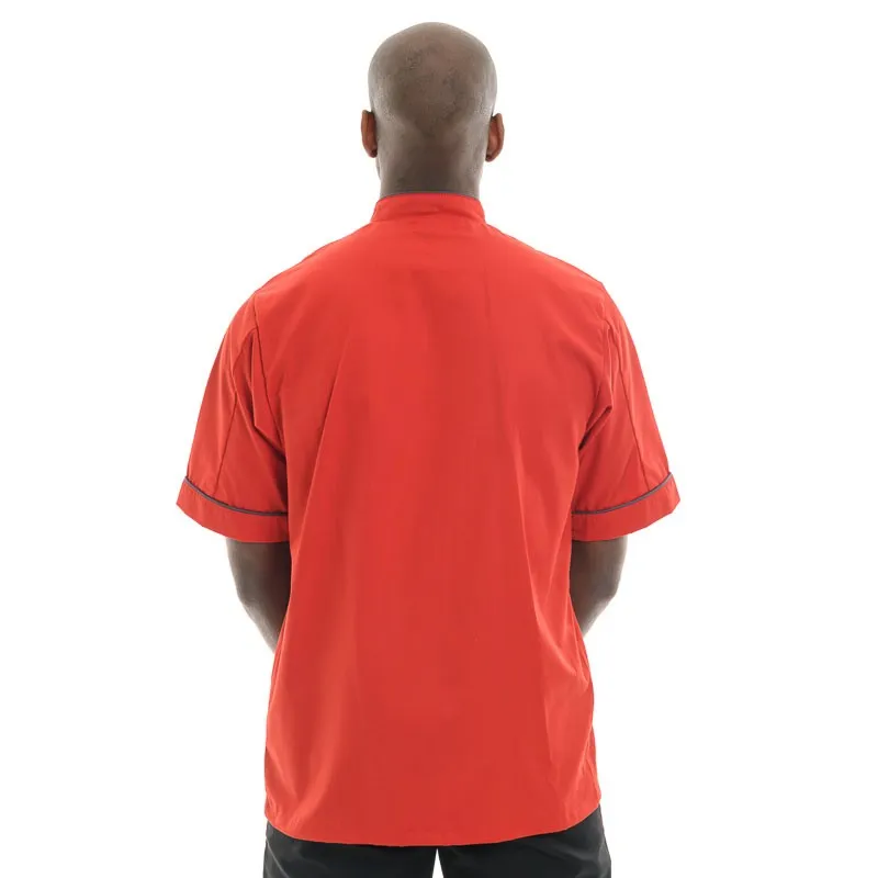 Stylish Red Kitchen Coat with Short or Long Sleeves and Gray Piping - MANELLI