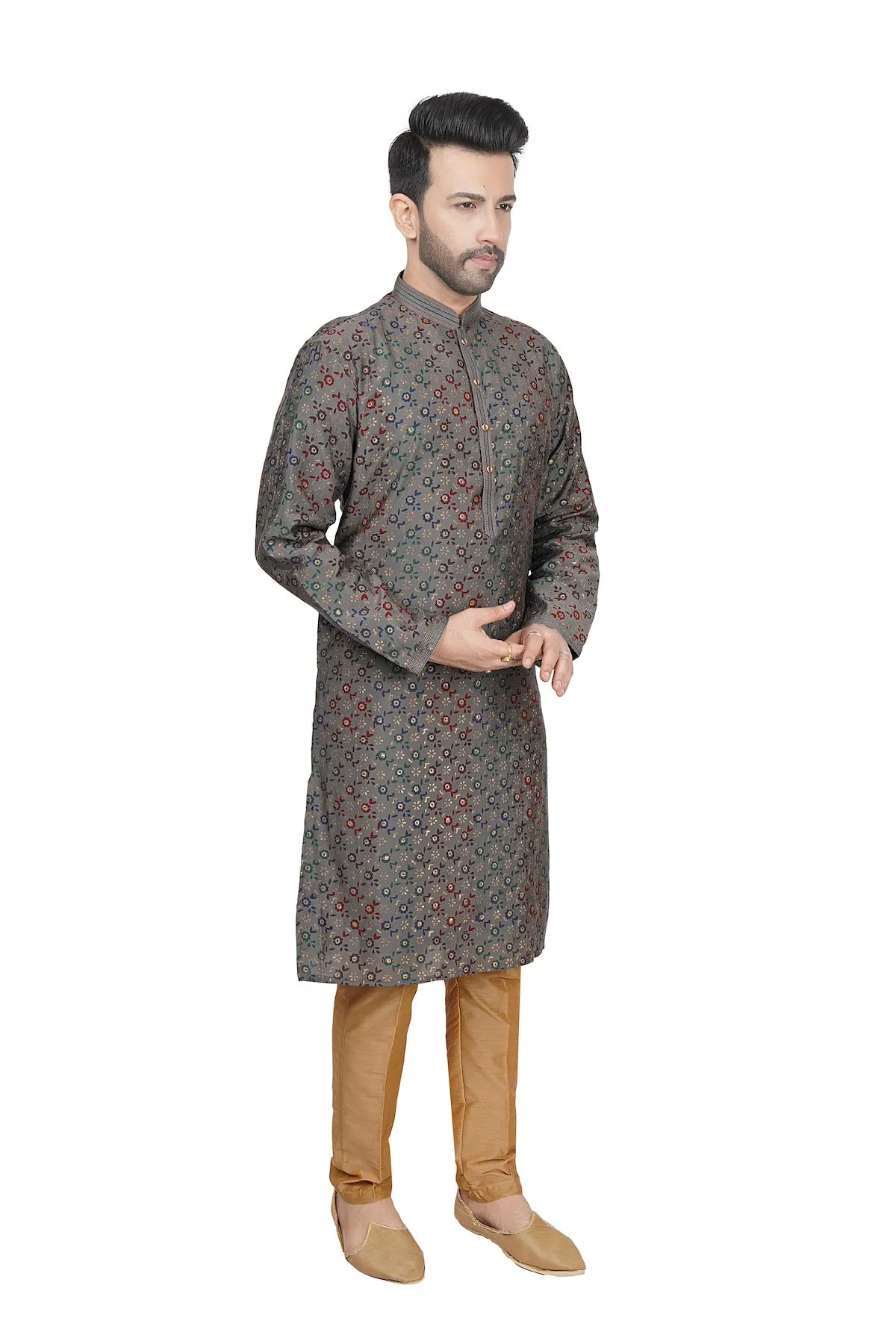 Stone grey printed men kurta
