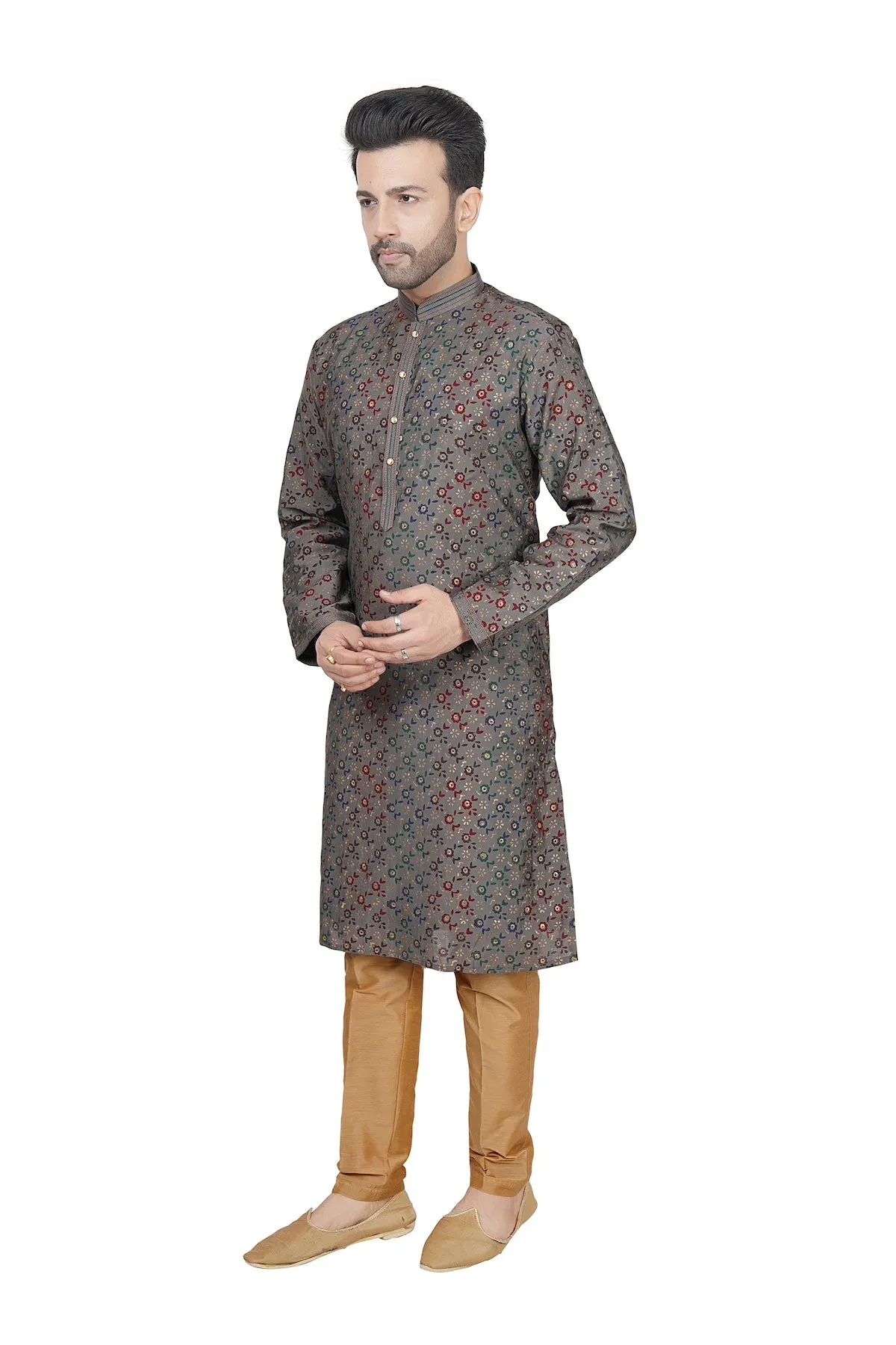 Stone grey printed men kurta