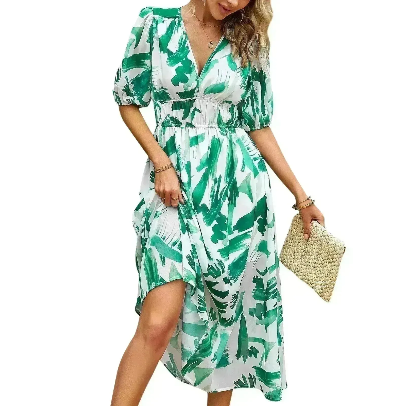 Summer Chiffon Floral Printed Temperament Waist-controlled V-neck Casual Midi Dress