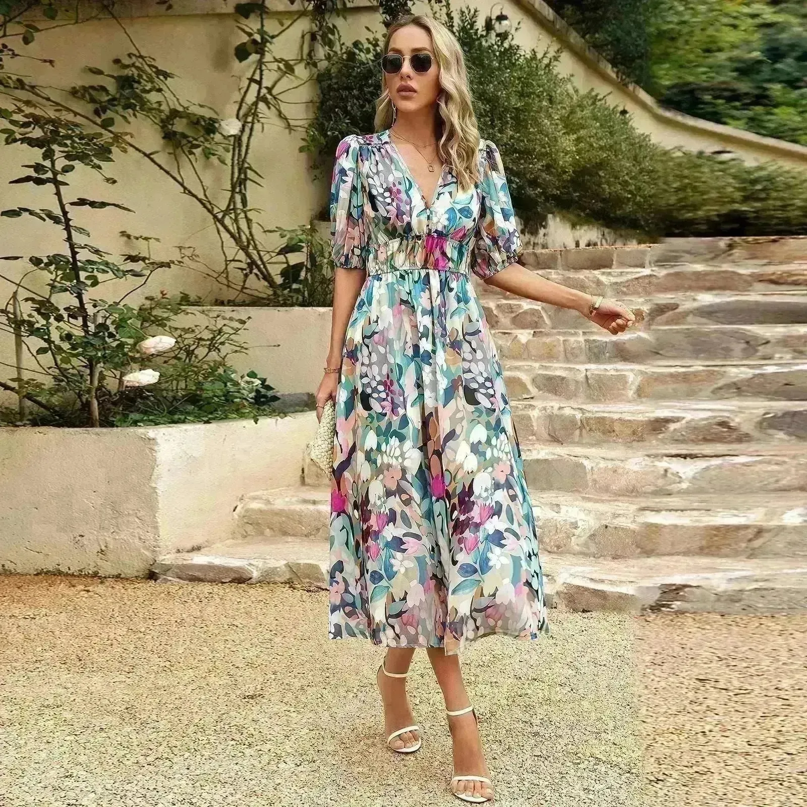 Summer Chiffon Floral Printed Temperament Waist-controlled V-neck Casual Midi Dress