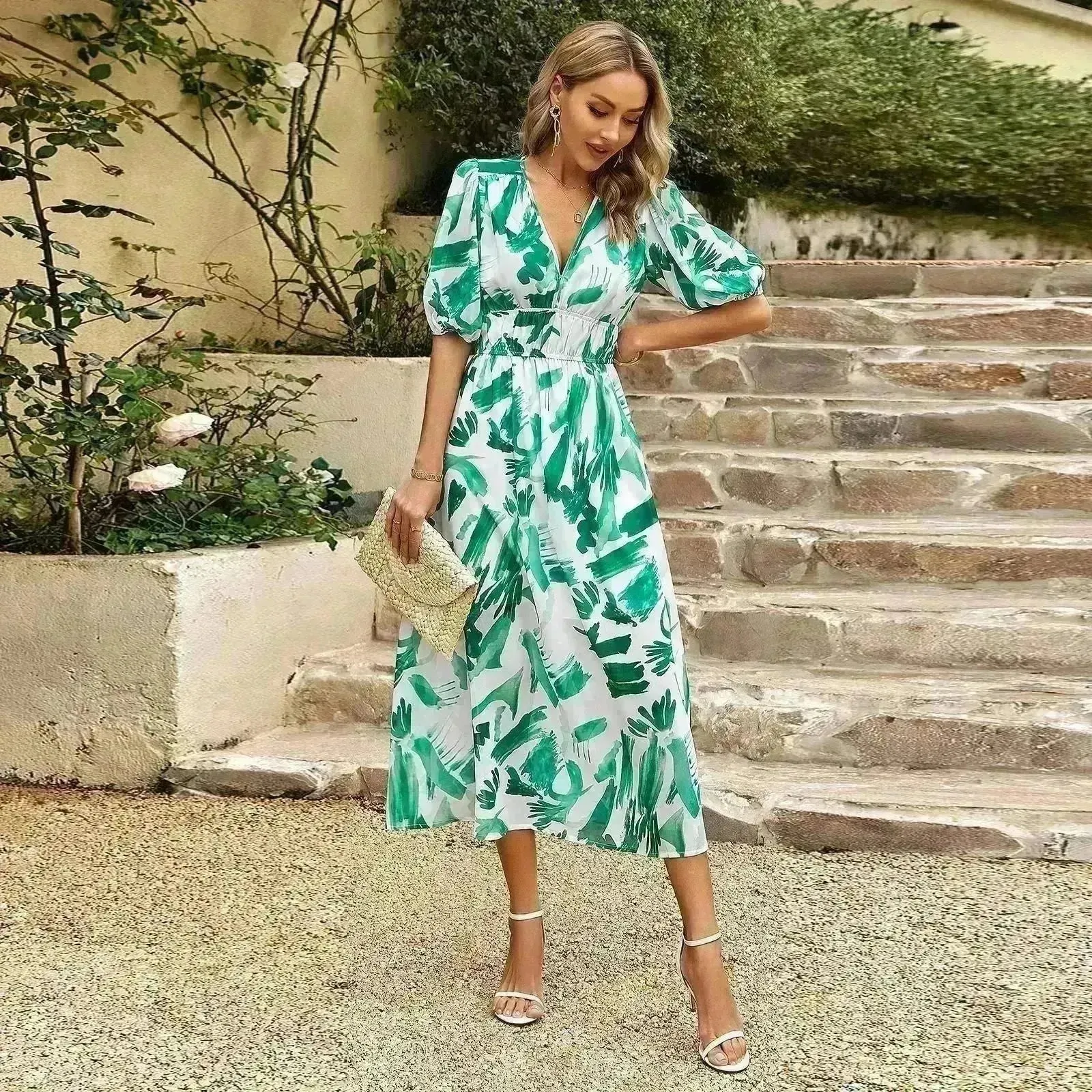 Summer Chiffon Floral Printed Temperament Waist-controlled V-neck Casual Midi Dress