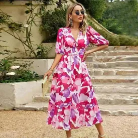 Summer Chiffon Floral Printed Temperament Waist-controlled V-neck Casual Midi Dress