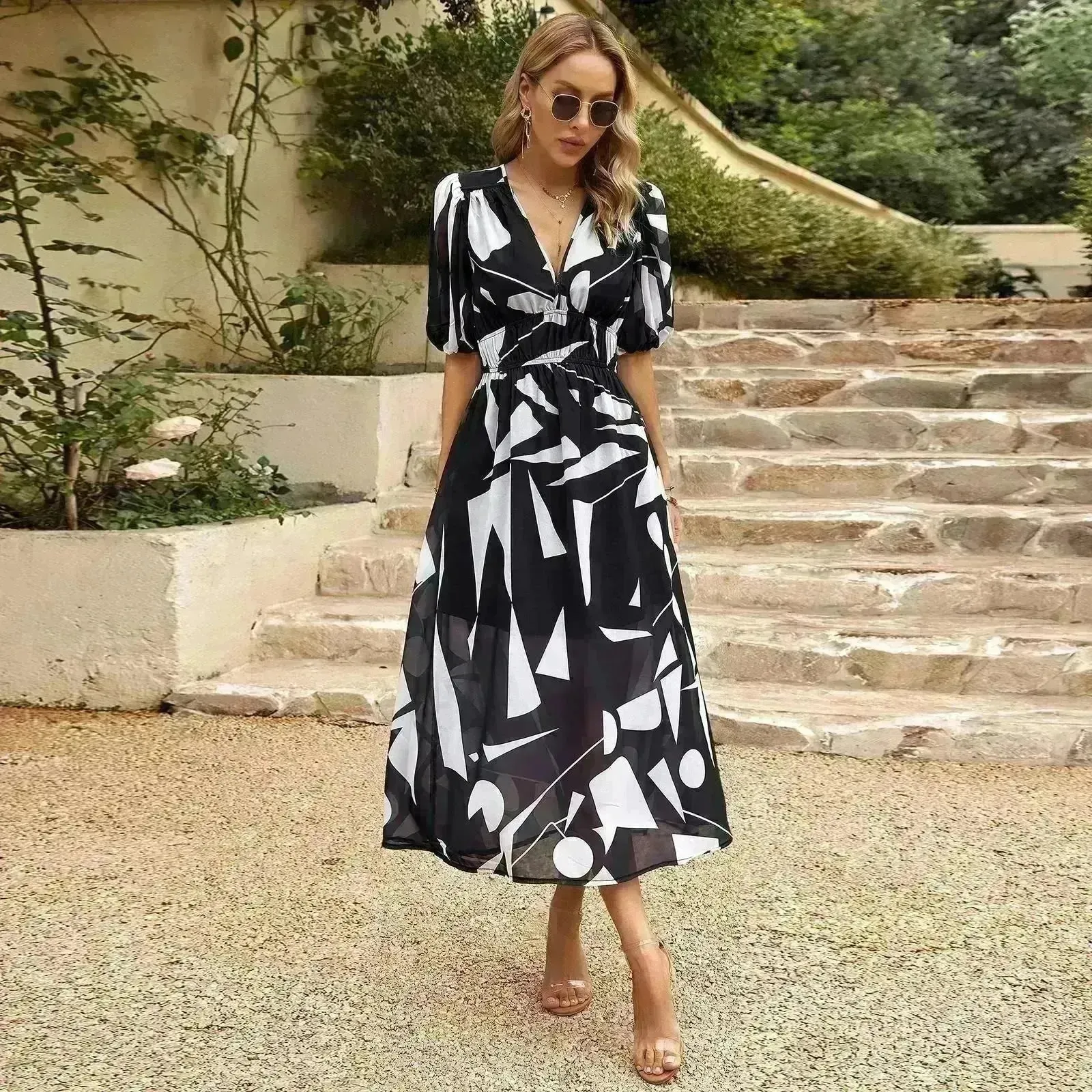 Summer Chiffon Floral Printed Temperament Waist-controlled V-neck Casual Midi Dress