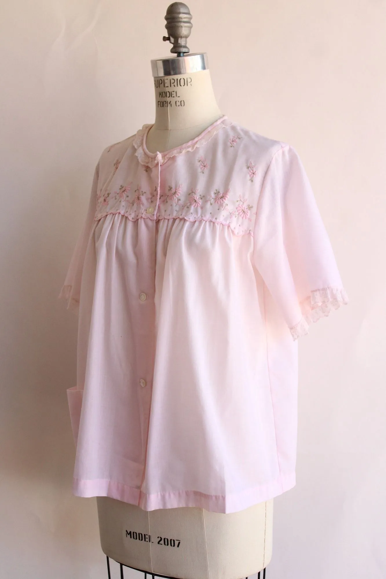Vintage 1970s Sears Pink Floral Embroidered PJ Top