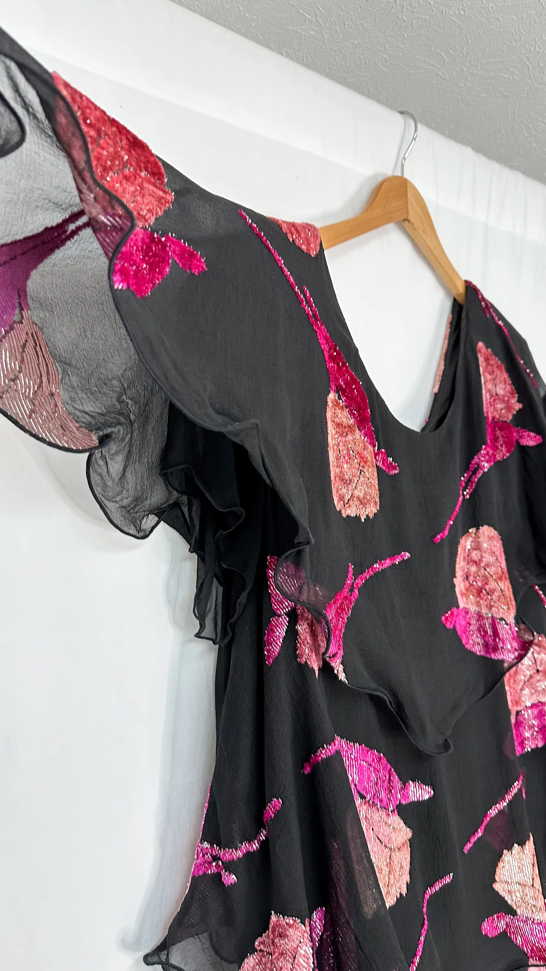 Vintage Russell Trusso Black Silk Embellished Tiered Dress (L/XL)