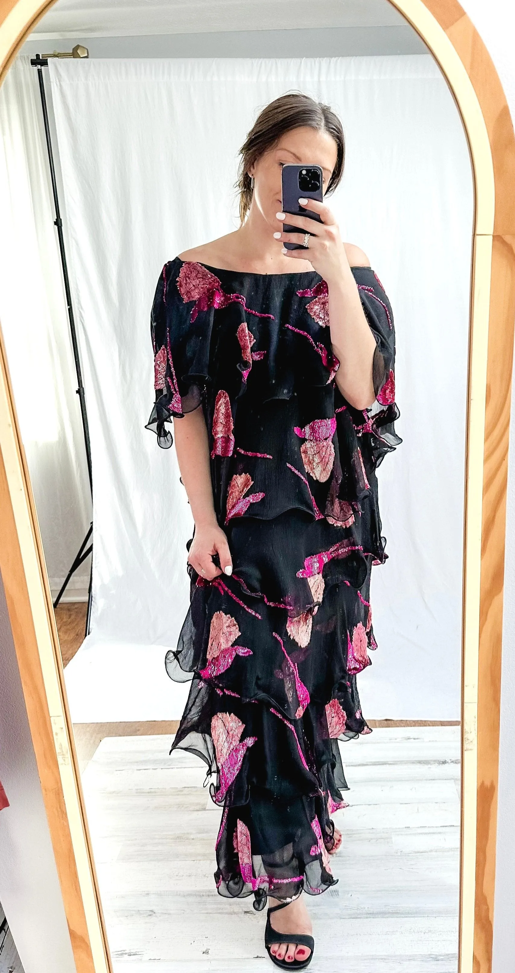 Vintage Russell Trusso Black Silk Embellished Tiered Dress (L/XL)
