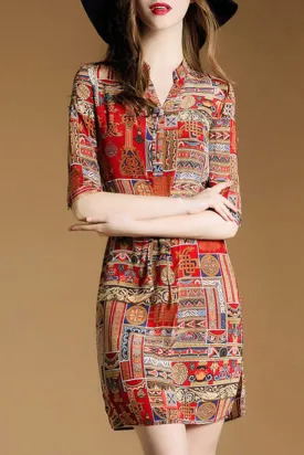 Women Mid-Length Short Sleeve V-Neck Tremendous Printed Pattern Summer A-Line Casual Dress - C8925ZWD