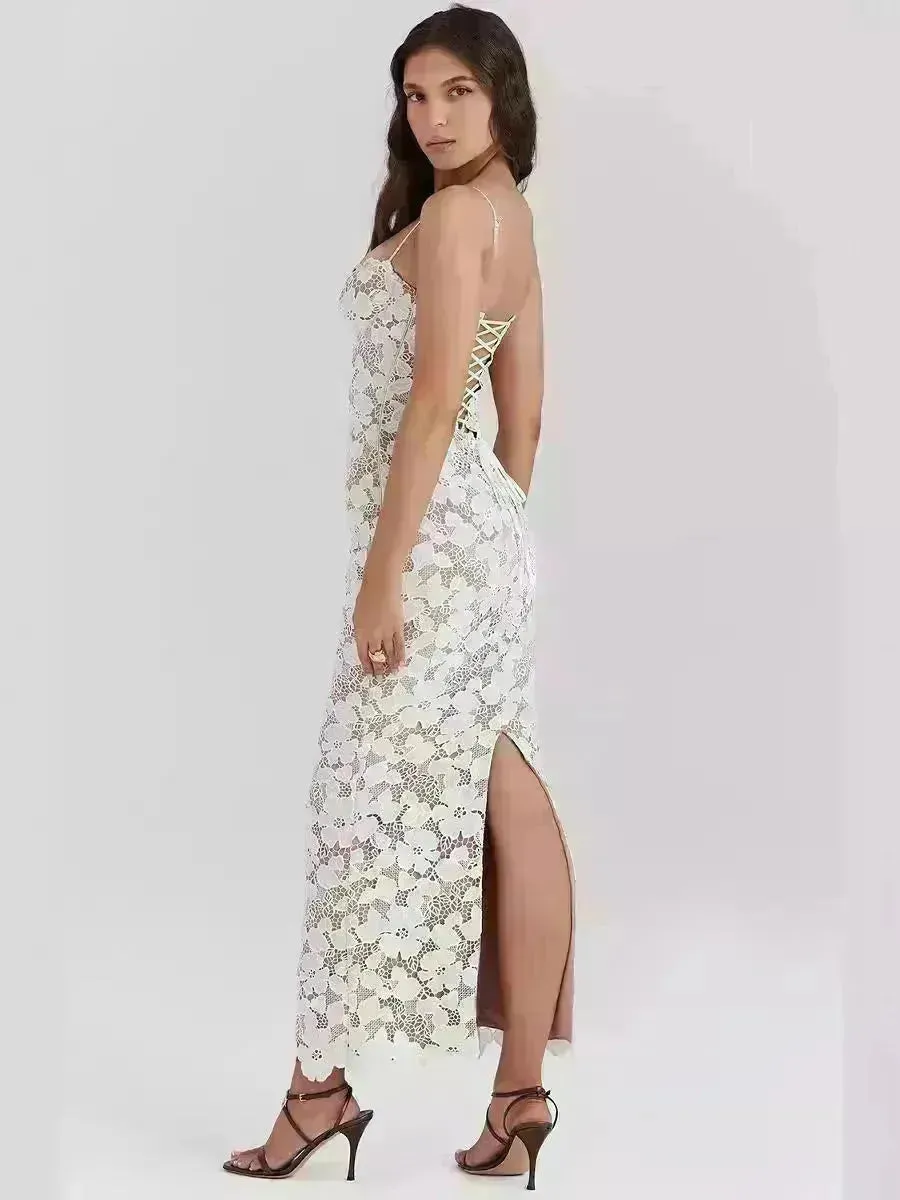 Women White Lace Wedding Dinner Party Cocktail Bodycon Spaghetti Strap Split Long Dress