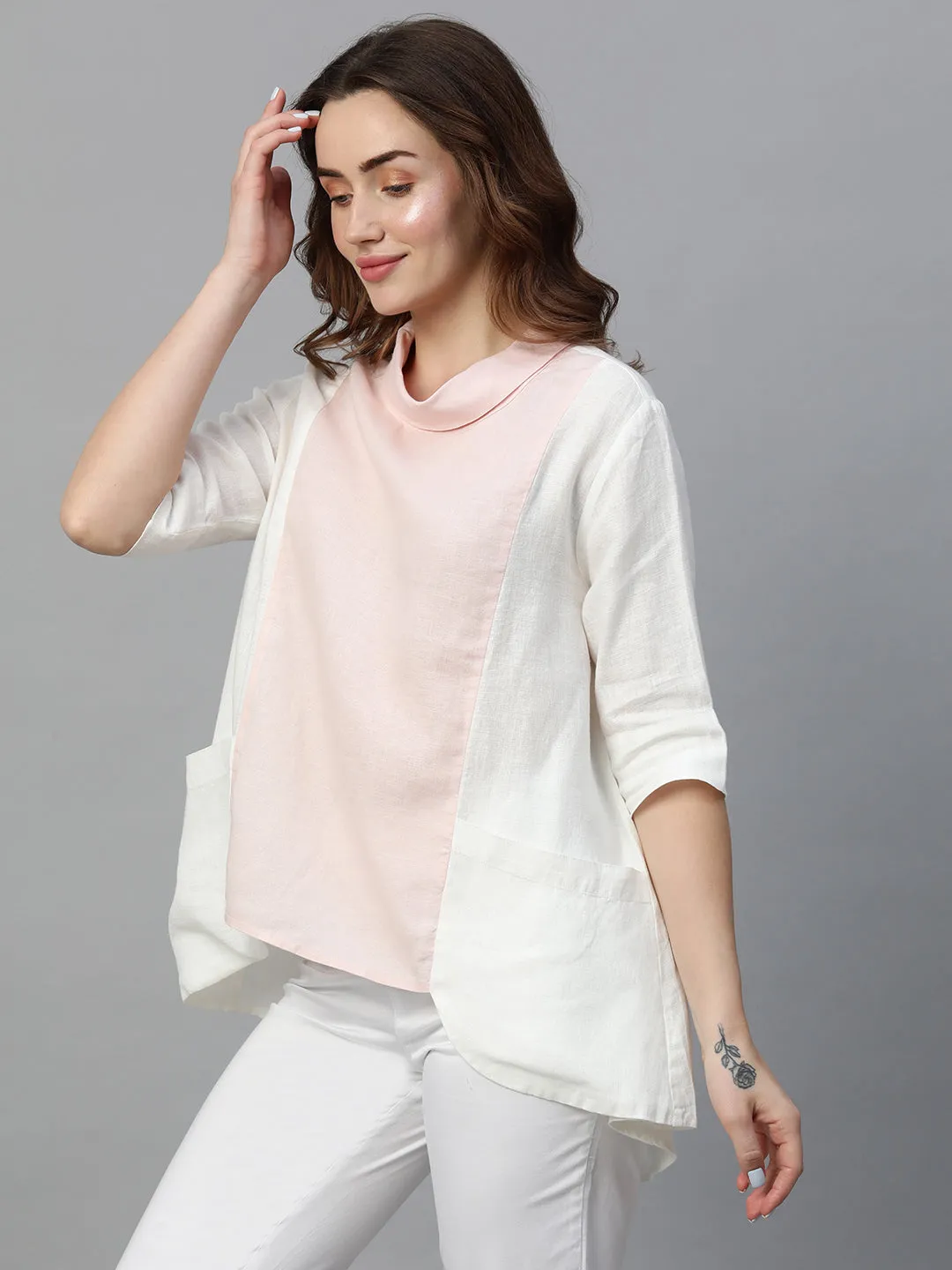 Women's White A Linen Regular Fit Blouse