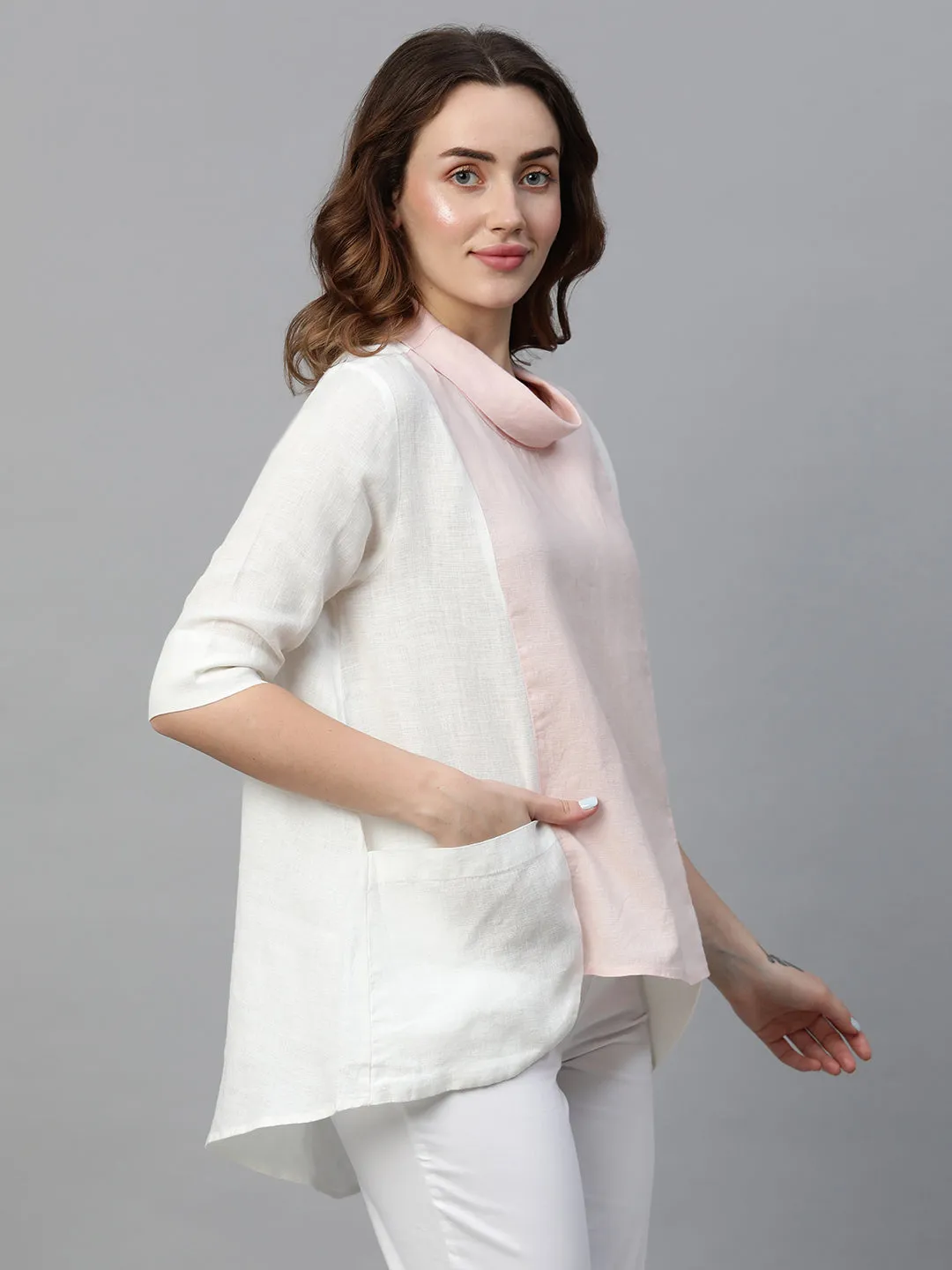 Women's White A Linen Regular Fit Blouse