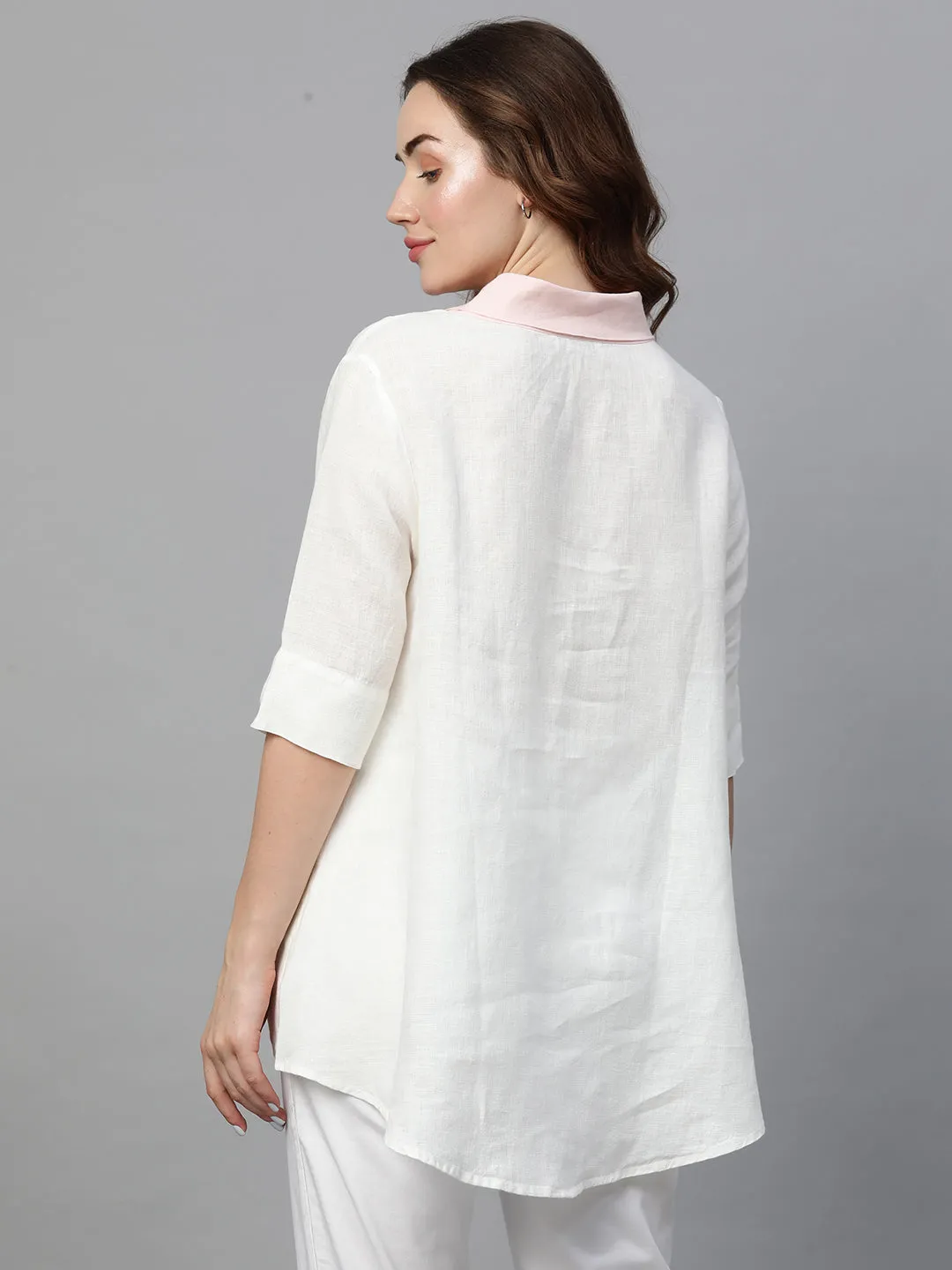 Women's White A Linen Regular Fit Blouse